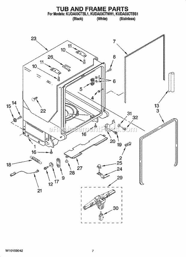 KitchenAid KUDA03CTBL1 Dishwasher Tub and Frame Parts Diagram