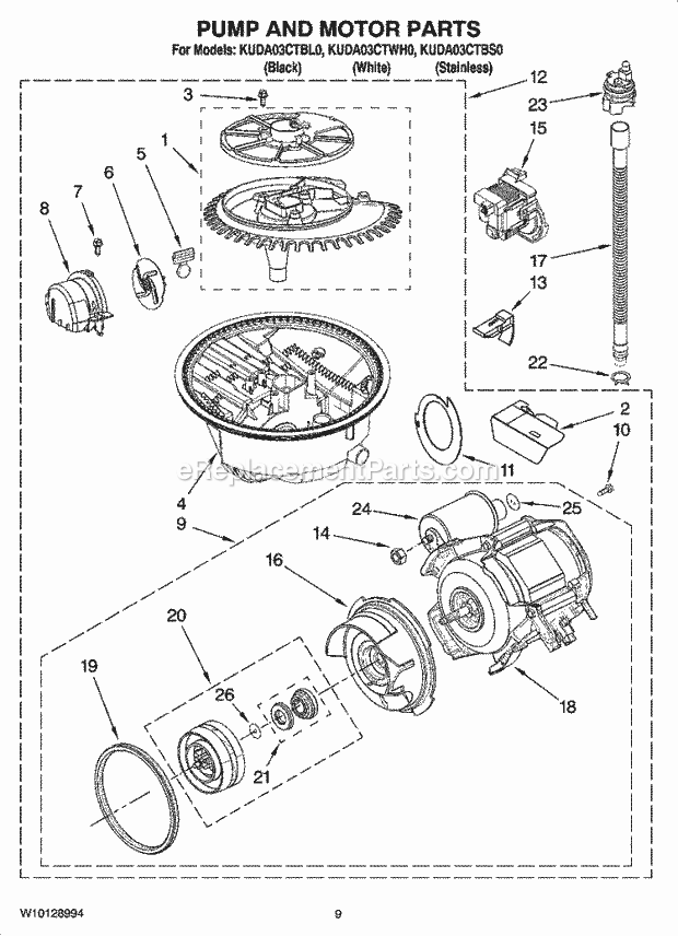 KitchenAid KUDA03CTBS0 Dishwasher Pump and Motor Parts Diagram