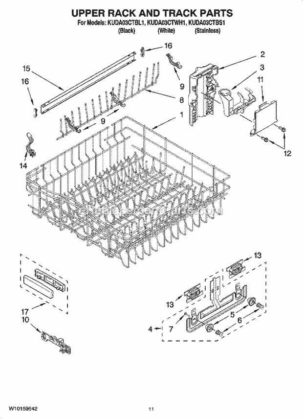 KitchenAid KUDA03CTWH1 Dishwasher Upper Rack and Track Parts Diagram