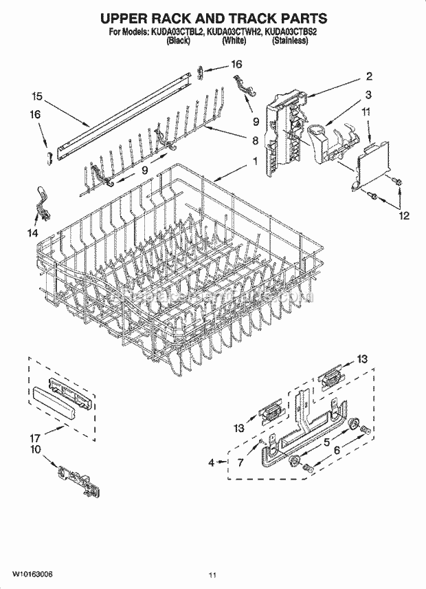 KitchenAid KUDA03CTWH2 Dishwasher Upper Rack and Track Parts Diagram