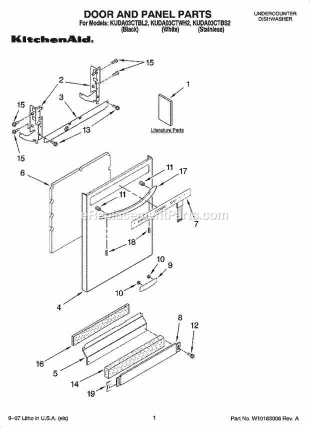 KitchenAid KUDA03CTWH2 Dishwasher Door and Panel Parts Diagram