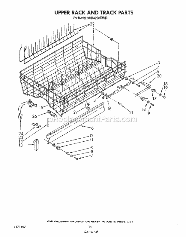 KitchenAid KUDA220TWH0 Dishwasher Upper Rack and Track Diagram