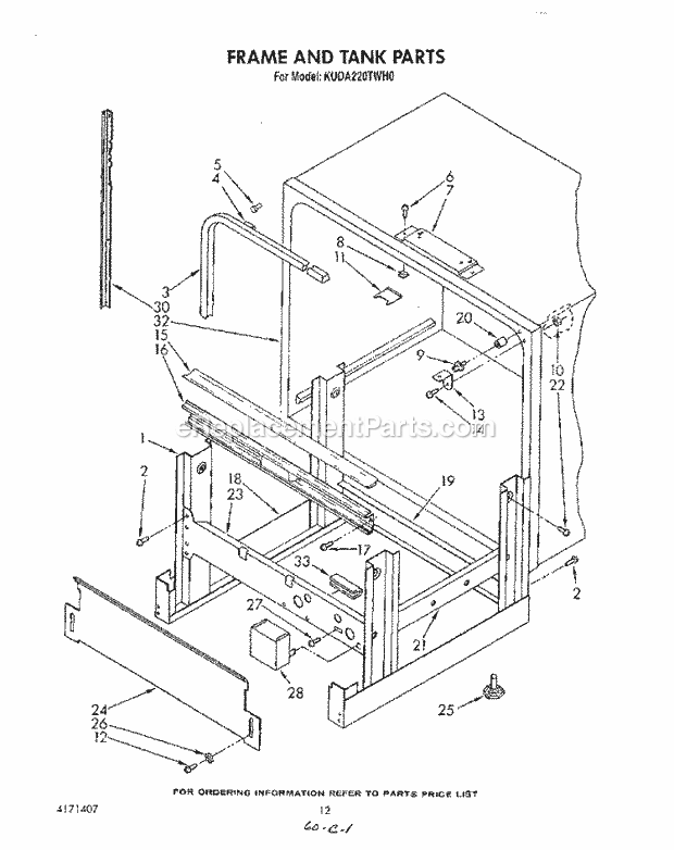 KitchenAid KUDA220TWH0 Dishwasher Frame and Tank Diagram