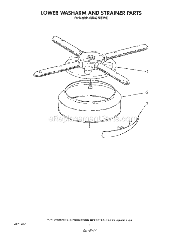 KitchenAid KUDA220TWH0 Dishwasher Lower Washarm and Strainer Diagram