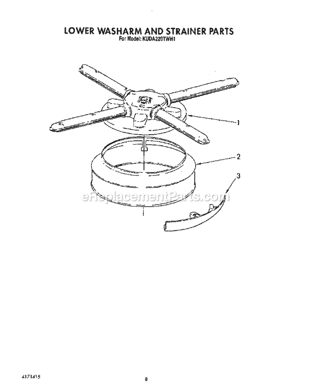 KitchenAid KUDA220TWH1 Dishwasher Lower Washarm and Strainer Diagram