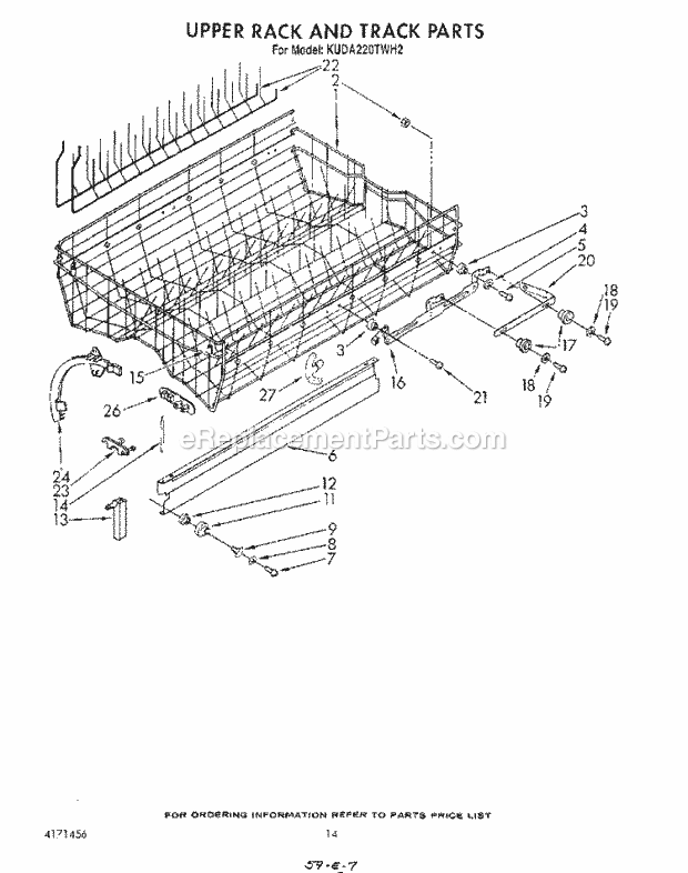 KitchenAid KUDA220TWH2 Dishwasher Upper Rack and Track Diagram