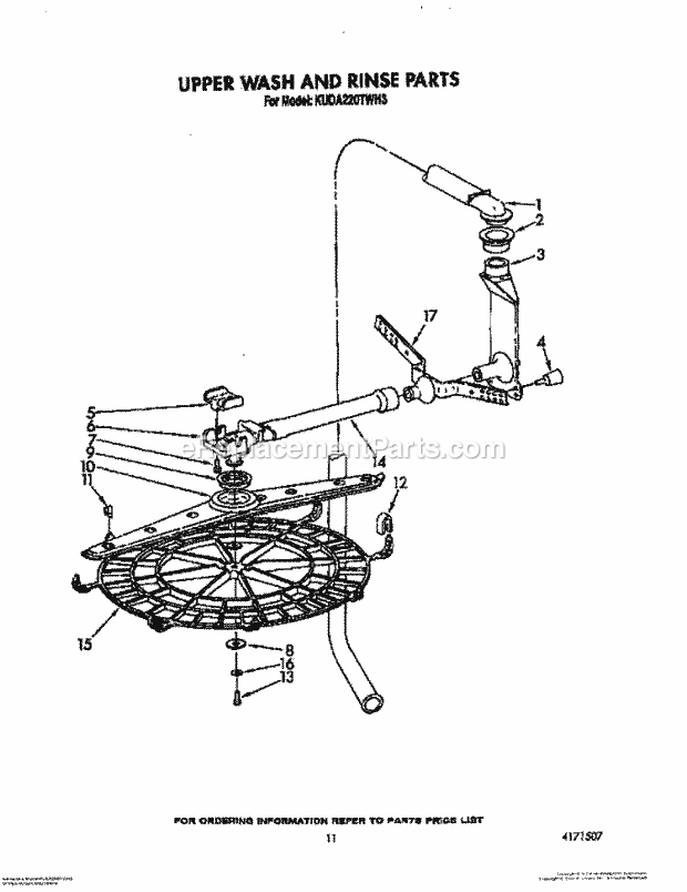 KitchenAid KUDA220TWH3 Dishwasher Upper Wash and Rinse Diagram