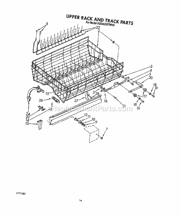KitchenAid KUDA220TWH5 Dishwasher Upper Rack and Track Diagram