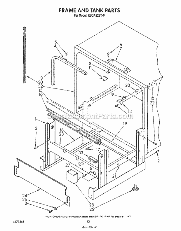 KitchenAid KUDA22ST0 Dishwasher Frame and Tank Diagram