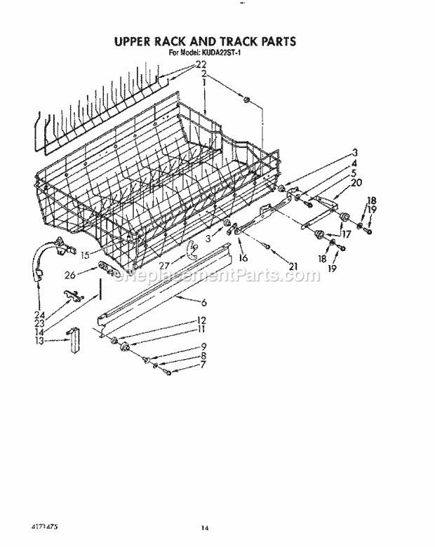 KitchenAid KUDA22ST1 Dishwasher Upper Rack and Track Diagram