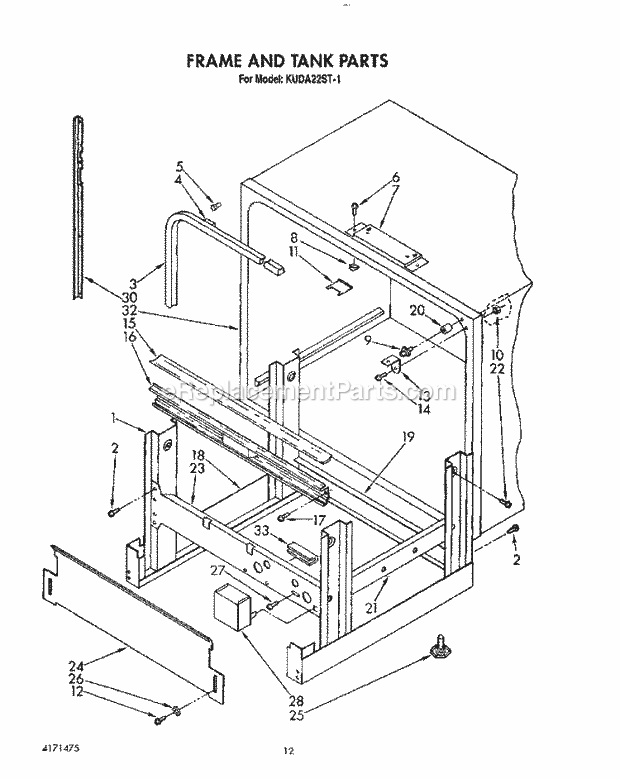 KitchenAid KUDA22ST1 Dishwasher Frame and Tank Diagram