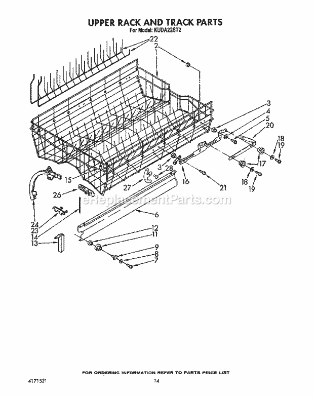 KitchenAid KUDA22ST2 Dishwasher Upper Rack and Track Diagram