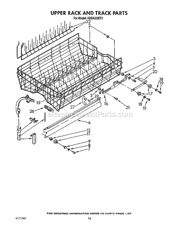 KitchenAid KUDA22ST3 Dishwasher Upper Rack and Track Diagram