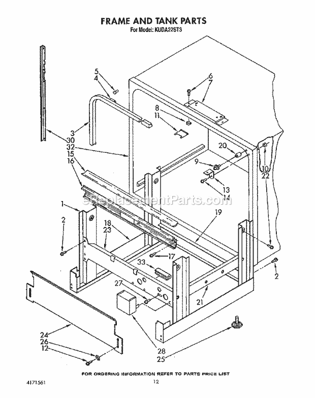KitchenAid KUDA22ST3 Dishwasher Frame and Tank Diagram