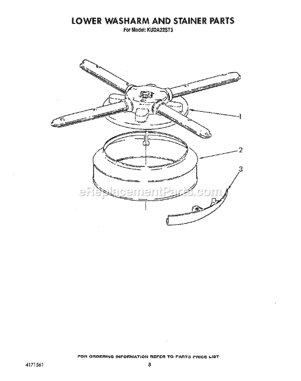 KitchenAid KUDA22ST3 Dishwasher Lower Washarm and Strainer Diagram