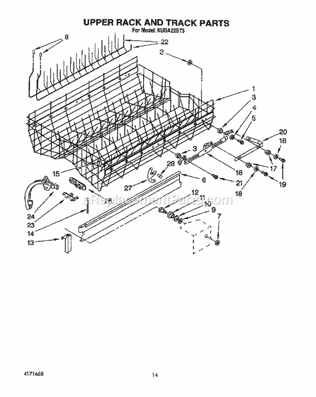 KitchenAid KUDA22ST5 Dishwasher Upper Rack and Track Diagram