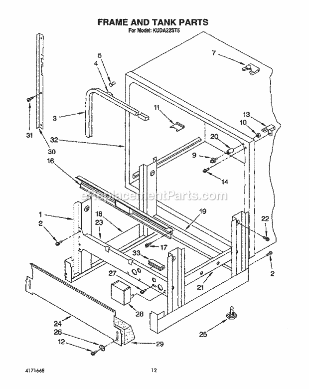 KitchenAid KUDA22ST5 Dishwasher Frame and Tank Diagram