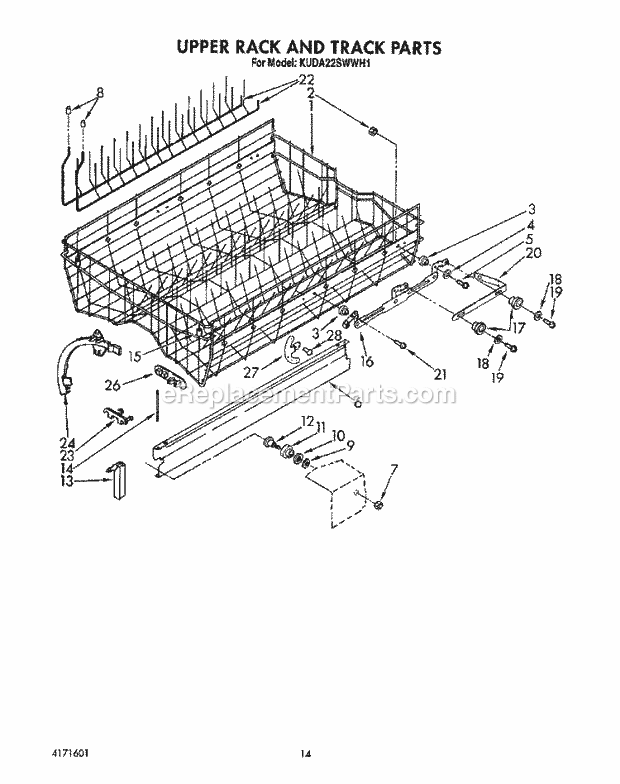 KitchenAid KUDA22SWWH1 Dishwasher Upper Rack and Track Diagram