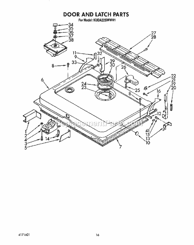 KitchenAid KUDA22SWWH1 Dishwasher Door and Latch Diagram