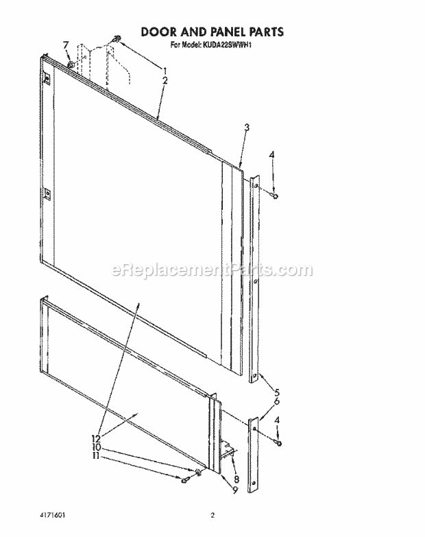 KitchenAid KUDA22SWWH1 Dishwasher Door and Panel Diagram