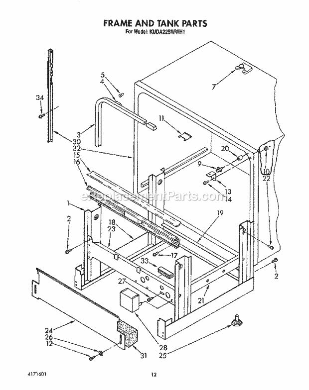 KitchenAid KUDA22SWWH1 Dishwasher Frame and Tank Diagram