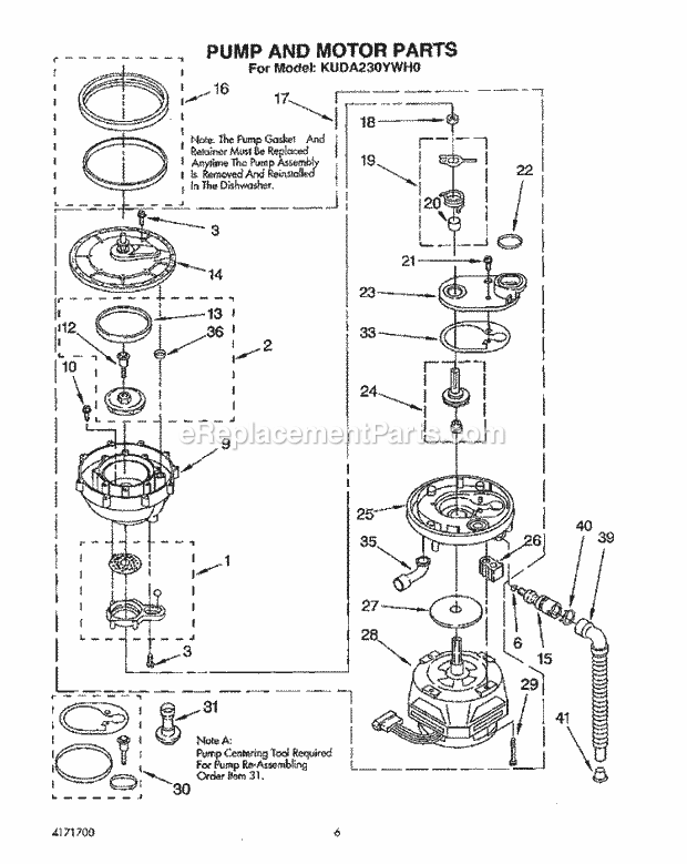 KitchenAid KUDA230YWH0 Dishwasher Pump and Motor Diagram