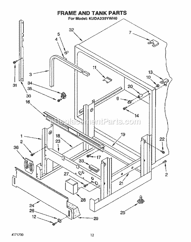 KitchenAid KUDA230YWH0 Dishwasher Frame and Tank Diagram