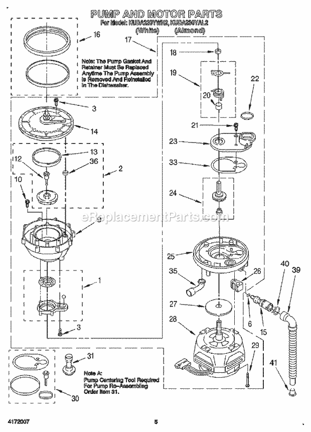 KitchenAid KUDA230YWH2 Dishwasher Pump and Motor Diagram