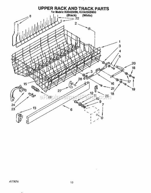 KitchenAid KUDA23HB0 Dishwasher Upper Rack and Track Diagram