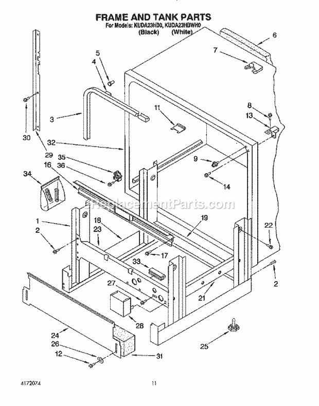 KitchenAid KUDA23HB0 Dishwasher Frame and Tank Diagram