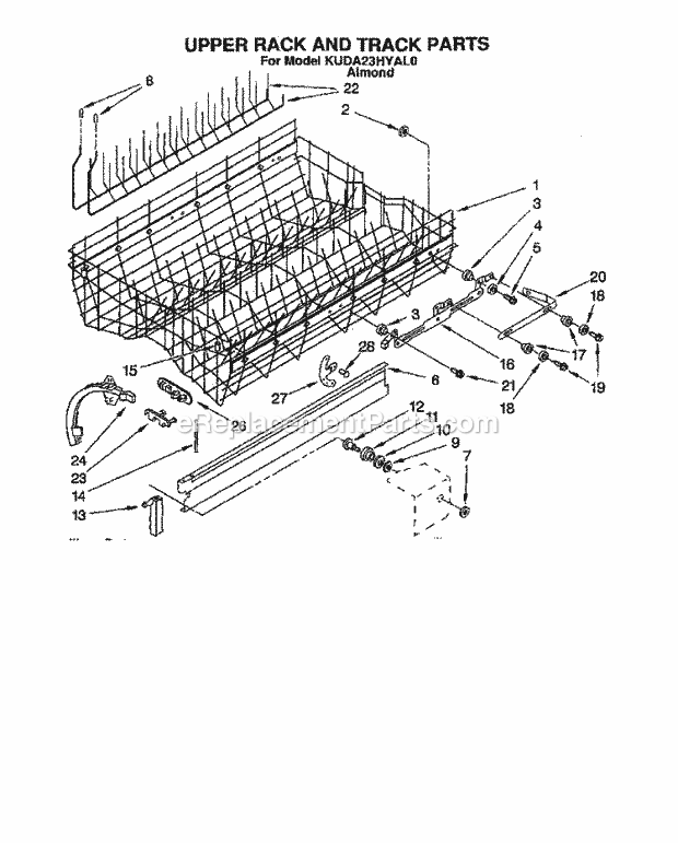 KitchenAid KUDA23HYAL0 Dishwasher Upper Rack and Track Diagram