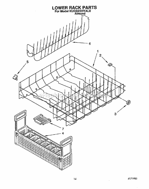 KitchenAid KUDA23HYAL0 Dishwasher Lower Rack Diagram