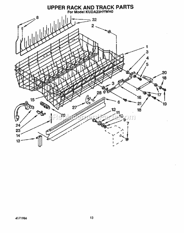 KitchenAid KUDA23HYWH0 Dishwasher Upper Rack and Track Diagram