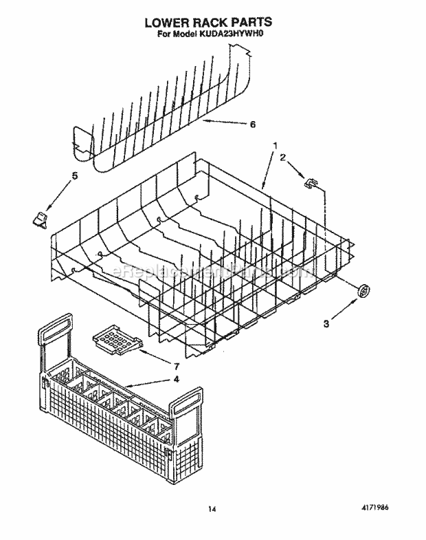 KitchenAid KUDA23HYWH0 Dishwasher Lower Rack Diagram