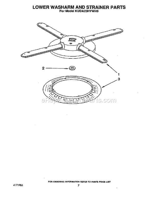 KitchenAid KUDA23HYWH0 Dishwasher Lower Washarm and Strainer Diagram