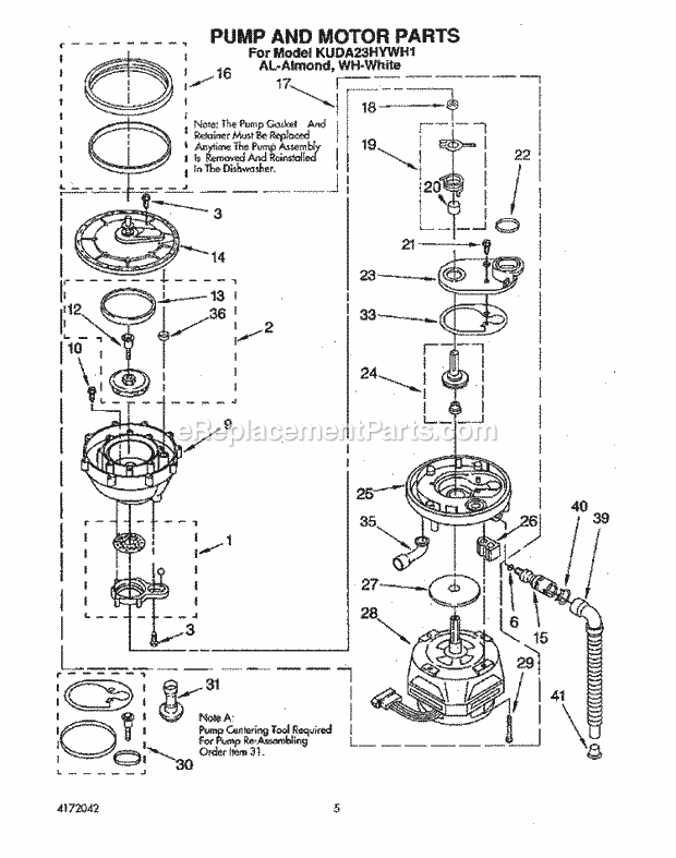 KitchenAid KUDA23HYWH1 Dishwasher Pump and Motor Diagram