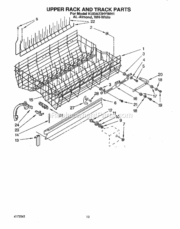 KitchenAid KUDA23HYWH1 Dishwasher Upper Rack and Track Diagram