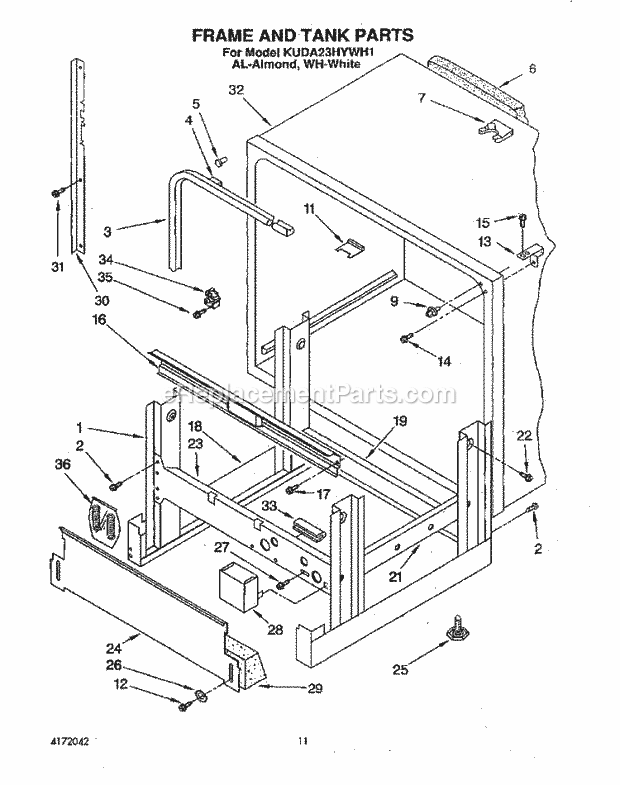 KitchenAid KUDA23HYWH1 Dishwasher Frame and Tank Diagram