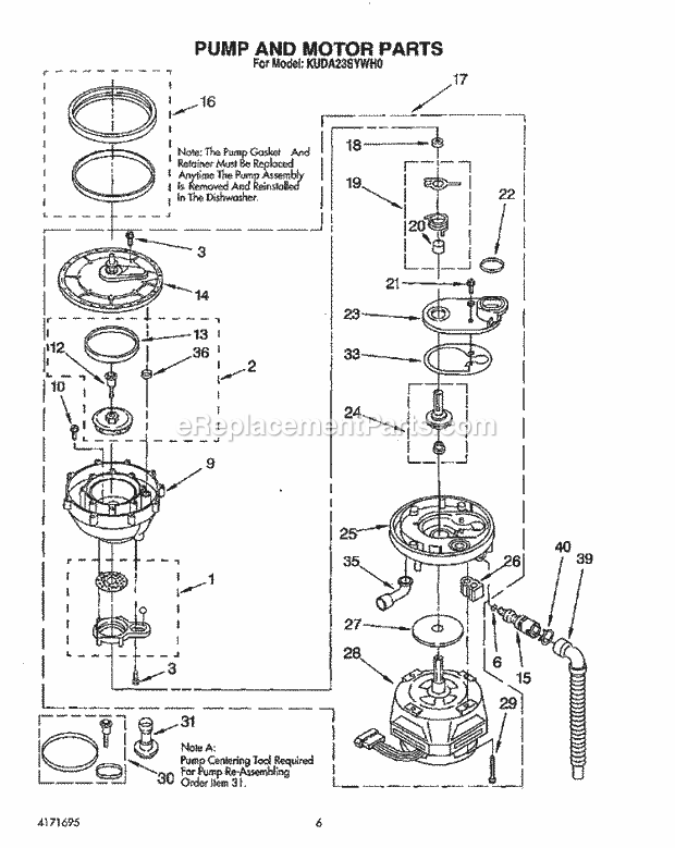 KitchenAid KUDA23SYWH0 Dishwasher Pump and Motor Diagram