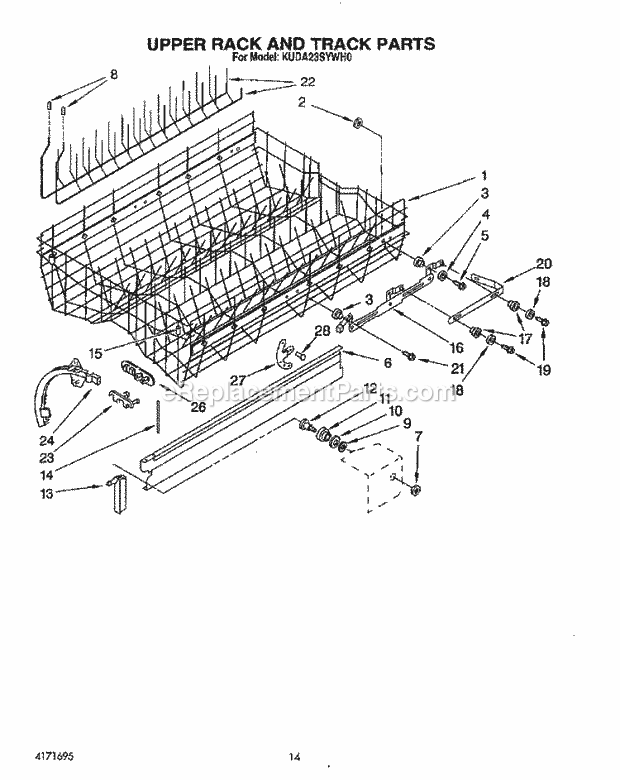 KitchenAid KUDA23SYWH0 Dishwasher Upper Rack and Track Diagram