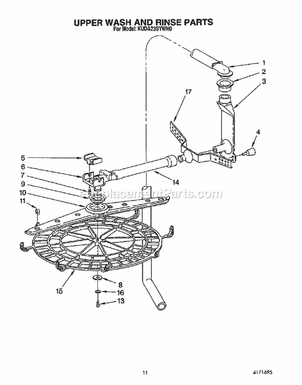 KitchenAid KUDA23SYWH0 Dishwasher Upper Wash and Rinse Diagram