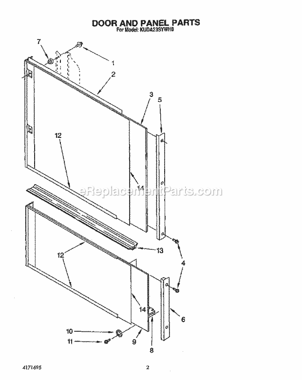 KitchenAid KUDA23SYWH0 Dishwasher Door and Panel Diagram