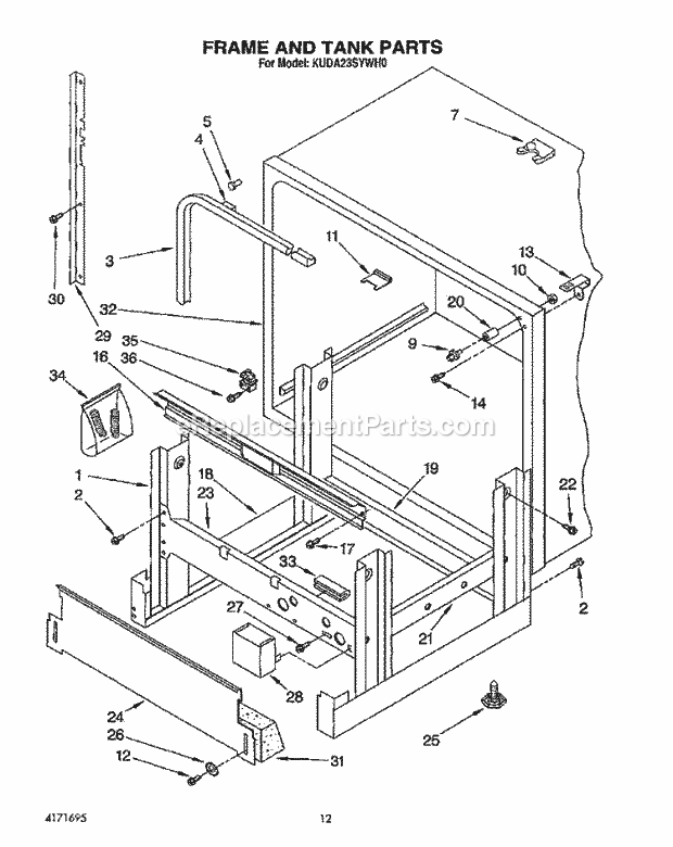 KitchenAid KUDA23SYWH0 Dishwasher Frame and Tank Diagram