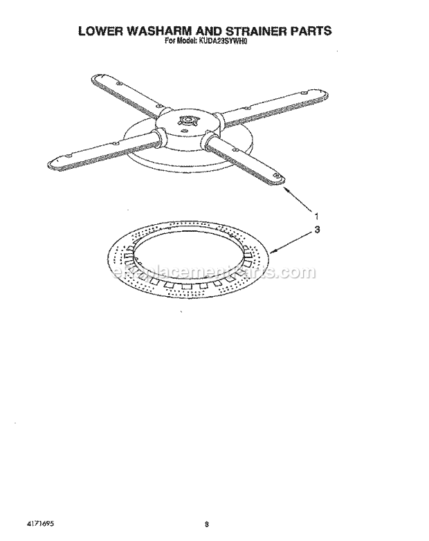 KitchenAid KUDA23SYWH0 Dishwasher Lower Washarm and Strainer Diagram