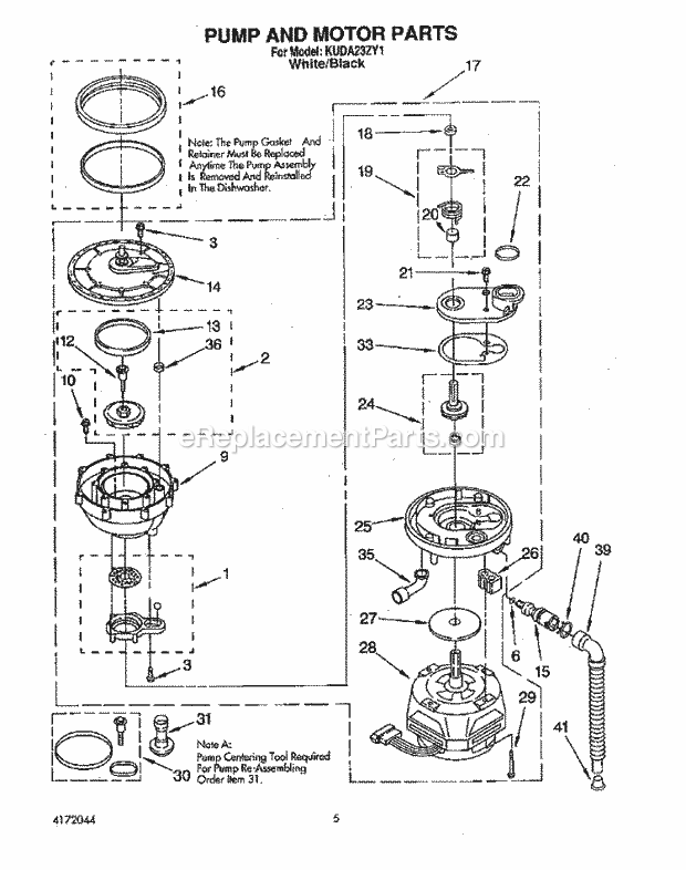 KitchenAid KUDA23ZY1 Dishwasher Pump and Motor Diagram
