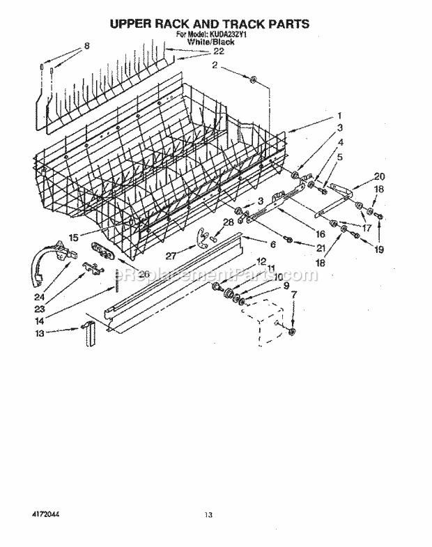 KitchenAid KUDA23ZY1 Dishwasher Upper Rack and Track Diagram