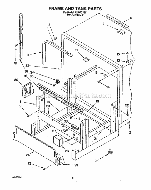 KitchenAid KUDA23ZY1 Dishwasher Frame and Tank Diagram
