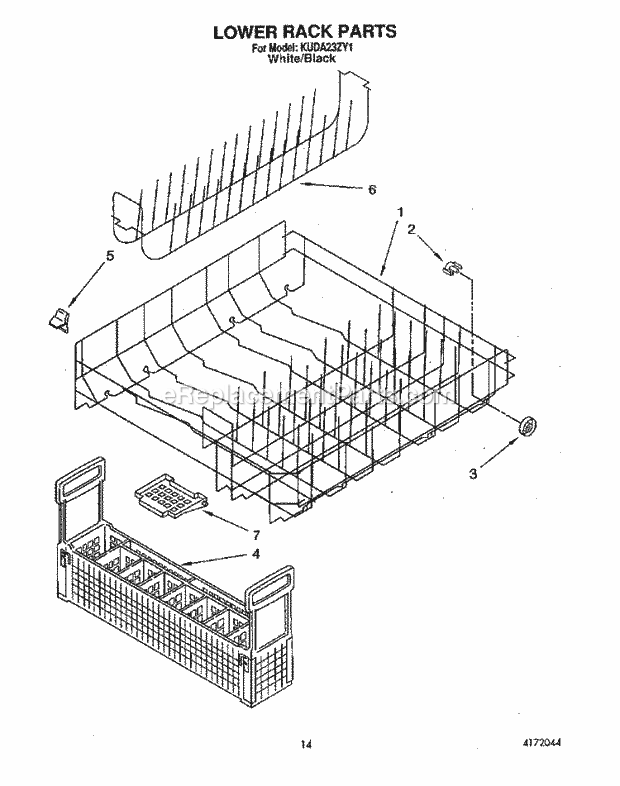KitchenAid KUDA23ZY1 Dishwasher Lower Rack Diagram