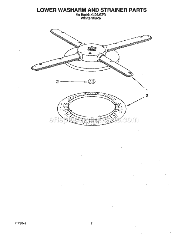 KitchenAid KUDA23ZY1 Dishwasher Lower Washarm and Strainer Diagram