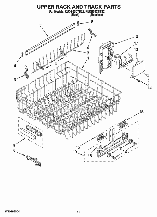 KitchenAid KUDB03CTBL2 Dishwasher Upper Rack and Track Parts Diagram